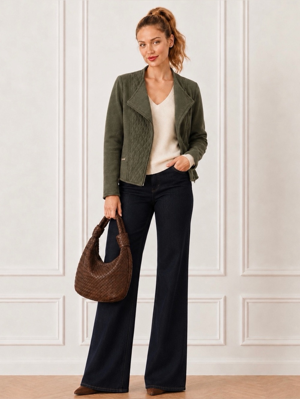 Athleta Womens XS Belvedere Green Quilted Full Zip Moto Knit Jacket Asymmetrical